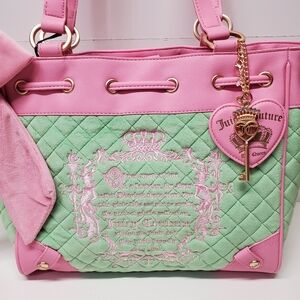 Juicy Couture Pink and Retro Green Quilted Tote with Gold Heart Charm